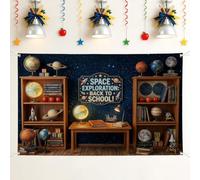 Planets Backdrop, Educational Decorative Globe Rocket Back to Campus Blue Photography Background for Home Room Wall Celebration Display Decor 71x43 Inch