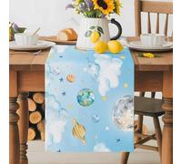 Planets Blue Sky Table Runner 18x72 Inches Long Earth Moon Yellow Star Clouds Dreamy Cotton Linen Table Runner Burlap Style for Dinner Table Party Decor Tabletop Decorations