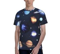 Planets Stars and Milky Way Galaxy Print Short Sleeve Crew Neck T-Shirt Fashionable Casual Summer Comfortable Everyday Use Black