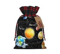 Planets Stars And Milky Way Galaxy Printed Christmas Drawstring Linen Gift Bags – Reusable Burlap Fabric Bags With Tags For Christmas Gifts, Party Favors, Wedding Decor & Holiday Packaging 2 Sizes
