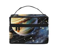 Planets Stars and Milky Way Galaxy Printed Travel Makeup Bag Spacious Portable Cosmetic Organiser with Handle, Large Capacity Toiletry Bag, Gift for Women Girls