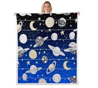 Planets Throw Blanket Cartoon Hand Drawn Style Planet Fuzzy Blanket for Kids Boys Girls Teens Stars Blue Black Gradient Decor Fleece Blanket for Housewarming Twin 60x80