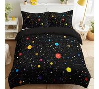 Planets Universe Polka Dots Black Duvet Cover Set Single Size 140 x 200 cm, Mysterious Space Calm Bedding Set Quilt Cover with 2 Pillowcases, Soft Microfibre, Zip Closure for Children and Boys