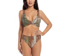 Planks Weathered Old Look Print Trendy Bikini Women Two Piece Comfort Bathing Suit Beach Outings Summer Vacations Black