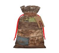 Planks Weathered Old Look Printed Christmas Drawstring Bags Reusable Xmas Bag for Party Xmas Gift Wrapping, Red Ribbon, S
