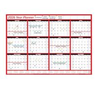 PlannerHead 2026 Grid Style Unmounted & Unlaminated Wall Planner Calendar Chart Poster 12 Months/Yearly Calendar 2026/2027 Footnote/Flexible for Any Country/Red Large (49x70cm)