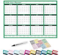 PlannerHead 2026 Laminated Wall Planner Calendar Chart Poster/Yearly Calendar 2026 / Grid Style 12 Months with Pen & 400 Stickers / 2027 Footnote Included/Green/Extra Large (68x100cm)
