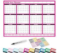 PlannerHead 2026 Laminated Wall Planner Calendar Chart Poster/Yearly Calendar 2026 / Grid Style 12 Months with Pen & 400 Stickers / 2027 Footnote Included/Pink/Medium (35x49cm)