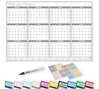 PlannerHead 2026 Laminated Wall Planner Calendar Chart Poster/Yearly Calendar 2026 / Grid Style 12 Months with Pen & 400 Stickers / 2027 Footnote Included/Grey/Medium (35x49cm)