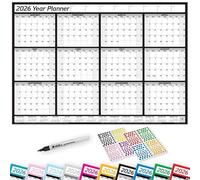 PlannerHead 2026 Laminated Wall Planner Calendar Chart Poster/Yearly Calendar 2026 / Grid Style 12 Months with Pen & 400 Stickers / 2027 Footnote Included/Black/Medium (35x49cm)