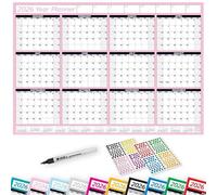 PlannerHead 2026 Laminated Wall Planner Calendar Chart Poster/Yearly Calendar 2026 / Grid Style 12 Months with Pen & 400 Stickers / 2027 Footnote Included/Baby Pink/Medium (35x49cm)