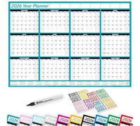 PlannerHead 2026 Laminated Wall Planner Calendar Chart Poster/Yearly Calendar 2026 / Grid Style 12 Months with Pen & 400 Stickers / 2027 Footnote Included/Teal/Large (49x70cm)