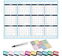 PlannerHead 2026 Laminated Wall Planner Calendar Chart Poster/Yearly Calendar 2026 / Grid Style 12 Months with Pen & 400 Stickers / 2027 Footnote Included/Sky Blue/Medium (35x49cm)