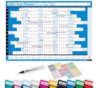 PlannerHead 2026 Laminated Wall Planner/Yearly Calendar 2026 UK & Ireland with Bank Holidays/Dry Wipe Pen & 400 Stickers / 2027 Footnote/Blue Medium (35x49cm)