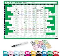 PlannerHead 2026 Laminated Wall Planner/Yearly Calendar 2026 UK & Ireland with Bank Holidays/Dry Wipe Pen & 400 Stickers / 2027 Footnote/Green Large (49x70cm)