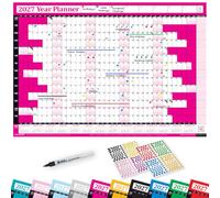 PlannerHead 2026 Laminated Wall Planner/Yearly Calendar 2026 UK & Ireland with Bank Holidays/Dry Wipe Pen & 400 Stickers / 2027 Footnote/Pink Large (49x70cm)
