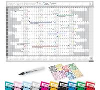 PlannerHead 2026 Laminated Wall Planner/Yearly Calendar 2026 UK & Ireland with Bank Holidays/Dry Wipe Pen & 400 Stickers / 2027 Footnote/Grey Medium (35x49cm)
