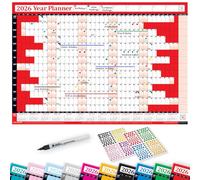PlannerHead 2026 Laminated Wall Planner/Yearly Calendar 2026 UK & Ireland with Bank Holidays/Dry Wipe Pen & 400 Stickers / 2027 Footnote/Red Medium (35x49cm)
