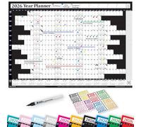 PlannerHead 2026 Laminated Wall Planner/Yearly Calendar 2026 UK & Ireland with Bank Holidays/Dry Wipe Pen & 400 Stickers / 2027 Footnote/Black Medium (35x49cm)