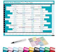 PlannerHead 2026 Laminated Wall Planner/Yearly Calendar 2026 UK & Ireland with Bank Holidays/Dry Wipe Pen & 400 Stickers / 2027 Footnote/Teal Medium (35x49cm)