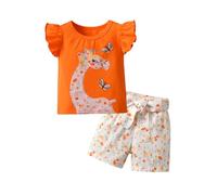 Planooar Toddler Baby Girl Summer Outfits Ruffle Fawn Print Short Sleeve Shorts Set Orange （2-3 Years）