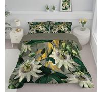 Plant And Flower Illustrations Double Duvet, Passion Fruit Reversible Coverless Duvet Comforter Bedding Set Soft Bed Quilt with Down Alternative and Pillowcases for All Seasons, Green, 200x200cm