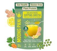 Plant-Based Moong Pani: Mung Bean Sipping Broth: VEGAN. GLUTEN-FREE. KETO-FRIENDLY. 108g 9 servings. Ginger, Lemon, Cilantro & Turmeric