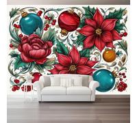 Plant Berry Floral Christmas Bauble Print Wall Mural Wallpaper | Vintage Country Style Photo Wallpaper, Home Decoration, Bedroom, Living Room, Red 400x280cm (W x H)