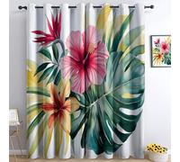 Plant Blackout Curtains for Bedroom, Hibiscus Leaves Patterned Thermal Insulated Soft Eyelet Drapes for Home Office Living Room & Kids Room, White W 66" x L 72" (2 Panels)