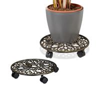 Relaxdays Plant Caddy with Wheels, Set of 2, Round, Antique Design, Cast Iron, 7.5x34 cm, Rolling Flower Stand, Bronze