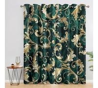 Plant Curtains Bedroom, 90x90 - Baroque Emerald Gold Blackout Curtains & Decor, Living Room, Eyelet Patterned Window Drapes, 90 Inch Drop 2 Panels （PA18）