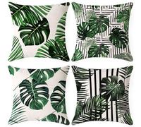 Plant Cushion Covers 40x40 cm Set of 4, Outdoor Cushions Waterproof Leaf Pattern Design, Square Linen Decorative Throw Pillow for Patio Living Office Outdoor Garden Furniture Sofa Room Decor 2Y-Y