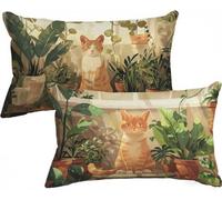 Plant Cushion Covers 50 x 80 Small Cushion Cat Decorative Pillows Set of 2 Linen Breathable Durable & Fade-Resistant Throw Pillow Covers with Invisible Zipper for Sofa Living Room Bedroom Decor X-267