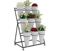 Plant Display Stand with Flower Buckets, Heavy Duty 3-Tier Rolling Cart for Indoor Outdoor Garden Florist Patio Use