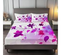 Plant Fitted Sheet King Size Bed Leaves Purple 3D Fitted Sheets Deep Pocket 12 inch 30 cm Bottom Sheet Ultra Soft Microfibre Bedding Set with 2 Pillowcases a/2776