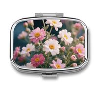 Plant Floral Flowers Pill Box - 2 Compartment Travel Pill Organizer with Small Mirror, Portable Pillcase for Pocket & Purse, Cute Square Medicine Case, Weekly Medicine Container