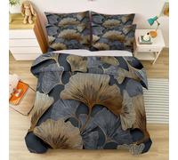 Plant Ginkgo Leaves Bedding Super King, Dark Grey Gold Soft Easy Care Microfiber Quilt Cover with Zipper and Pillowcases, for Teens Modern Light Luxury Duvet Cover
