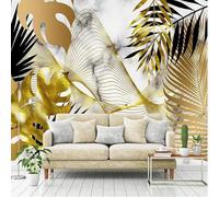 Plant Golden Leaf Abstract White Imitation Marble 3D Wallpaper Easy Install Feature Office Living Room Sofa Bedroom TV Background Wall Decoration-200cm×140cm