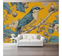 Plant Leaf Fruit Animal Bird Pattern Non-Woven Wallpaper | Vintage Country Style Yellow Wallpaper, 200x140cm Feature Wallpaper for Bedroom Adults Teenager Living Room