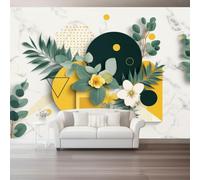 Plant Leaf Line Marble Pattern Print Panoramic Wallpaper | Minimalist Luxury Style Peel and Stick Wallpaper, 200x140cm (W x H) for Living Room Background Decoration, Multicolour