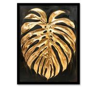 Plant Lover Golden Monstera Leaf Dark Painting Framed Art Print Artery8 Gold W12 inch x H16 inch