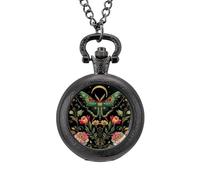 Plant Nature Flower Moth Moon Pocket Watch Vintage Quartz Pocket Watches with Chain for Men Women Black-Style