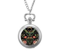 Plant Nature Flower Moth Moon Pocket Watch Vintage Quartz Pocket Watches with Chain for Men Women Silver-Style