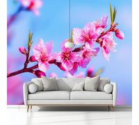 Plant Peach Blossom Branch Non-Woven Wallpaper 400 x 280 cm Bedroom Wall Mural, Blue Photo Wallpaper Poster Wall Covering, for Children’s Room Home Restaurant Living Room Hallway