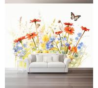 Plant Photo Mural Wallpaper Colorful Wildflowers and Butterflies Photo Wallpaper 3D Effect, 350 x 256 cm Non-Woven Wall Mural Home Bedroom Living Room Tv Background Poster Decoration