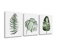 Plant Pictures Botanical Wall Decor - Framed Set of 3 Tropical Monstera Leaf Canvas Prints Posters Green Artwork Palm 12x16 Inches Paintings For People Bedroom Bathroom Kitchen Office Dorm Decoration