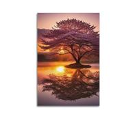 Plant Poster Cherry Blossom Trees And Reflections in The Lake at Sunset Poster Decorative Painting Canvas Wall Posters And Art Picture Print Modern Family Bedroom Decor Posters 16x24inch(40x60cm)
