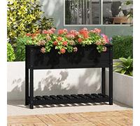 Plant Pot with Shelf, Black, 111.5 x 34.5 x 81 cm, Solid Pine Wood, Raised Bed for Garden, Patio, Balcony, Robust Frame, Ideal Working Height