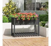 Plant Pot with Shelf, Grey, 111.5 x 54 x 81 cm, Solid Pine Raised Bed, for Garden, Balcony & Patio, Robust Flower Box