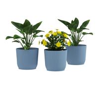 Plant Pots 3pc Blue PP 22x20cm Stackable Round Outdoor Indoor Garden Textured5kg